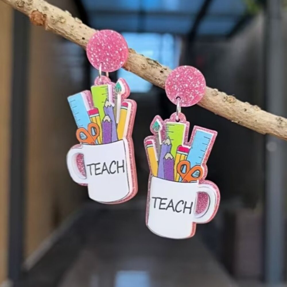 “TEACH” Coffee Cup Statement Dangle Earrings (NEW & SO CUTE!)